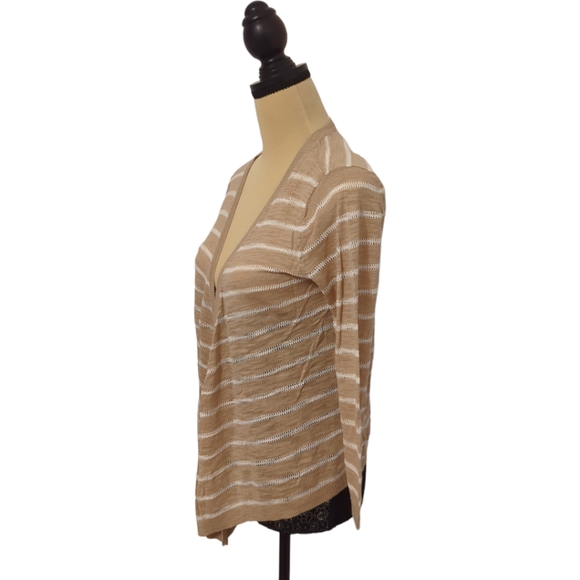 Tan White Stripe Open Front Cardigan Neutral Lightweight Medium Size US - Picture 2 of 5